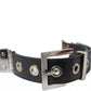 Black Leather Beige Strap Silver Metal Buckle Belt