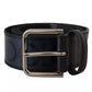 Blue Black Logo Print Silver Buckle Belt