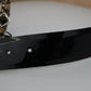 Black Shiny Leather Crystal Logo Buckle Belt