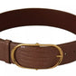 Brown Wide Waist Leather Gold Oval Metal Buckle Belt