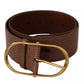 Brown Wide Waist Leather Gold Oval Metal Buckle Belt