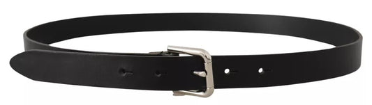 Black Leather Silver Tone Metal Buckle Classic Belt