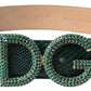 Green Iguana Leather DG Crystal Gold Buckle Belt