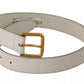 White Leather Gold Logo Engraved Metal Buckle Belt