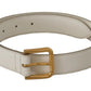 White Leather Gold Logo Engraved Metal Buckle Belt