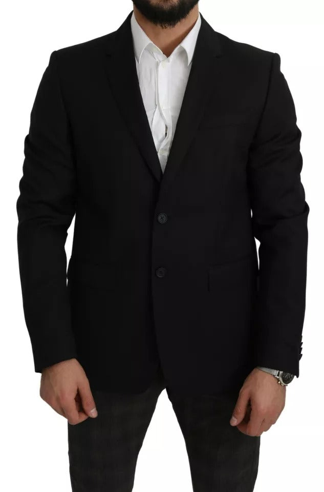 Black Wool Slim Fit Notch Jacket Blazer