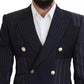 Blue Wool Patchwork Double Breasted Blazer