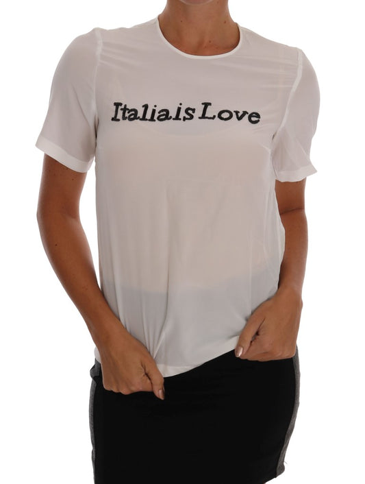 Silk Sequined 'Italia Is Love' White Blouse