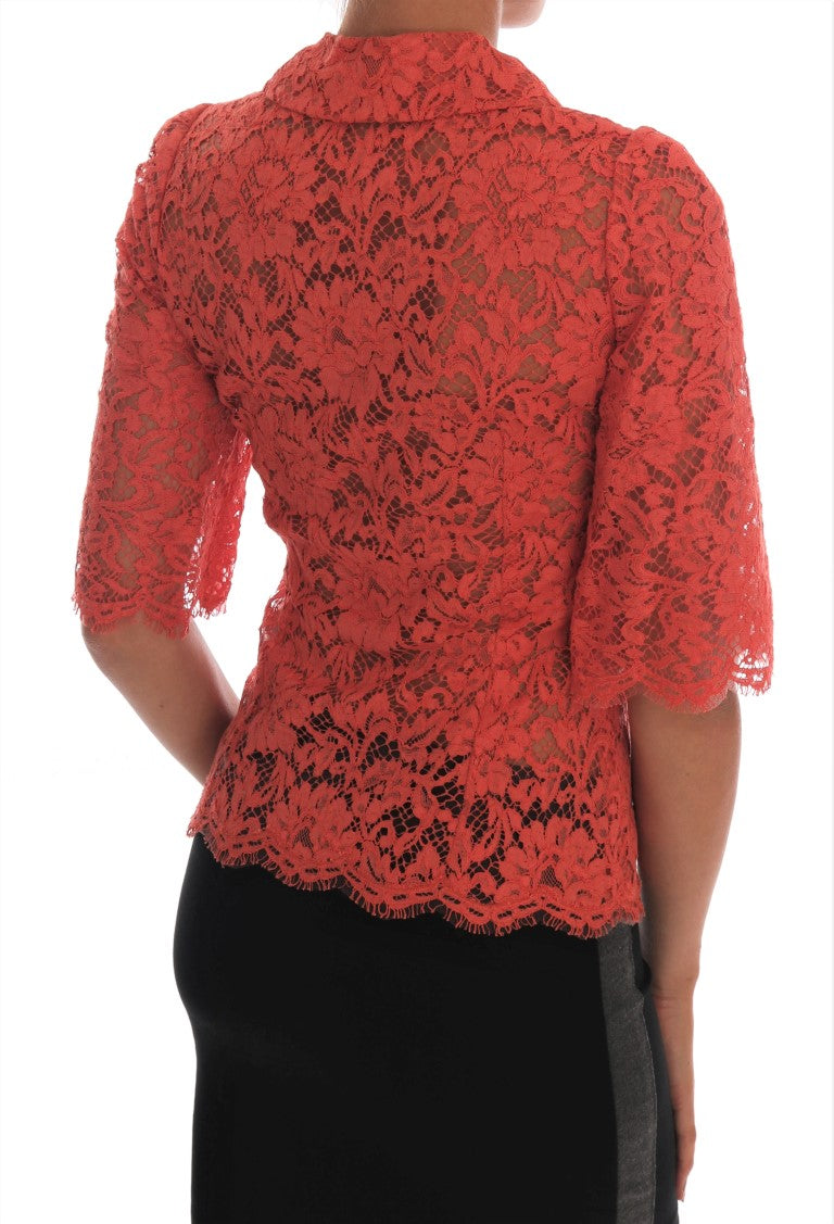 Elegant Orange Floral Lace Crystal Cardigan Blouse