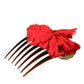 Red Silk Floral Gold Brass Women Hair Comb