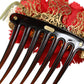 Red Silk Floral Gold Brass Women Hair Comb