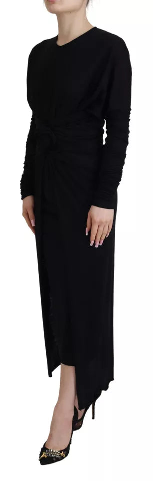 Black Sheath Midi Gown Wool Wrap Dress