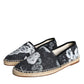 Black Floral Cotton Leather Espadrilles Shoes