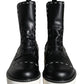 Black Leather Combat Mid Calf Boots Shoes