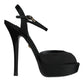 Black Leather Platform Heels Sandals Shoes