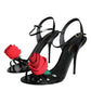 Black Leather Rose Ankle Strap Keira Sandals Shoes