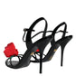 Black Leather Rose Ankle Strap Keira Sandals Shoes