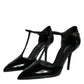 Black Leather T-strap Stiletto High Heels Shoes