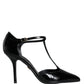 Black Leather T-strap Stiletto High Heels Shoes