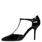 Black Leather T-strap Stiletto High Heels Shoes