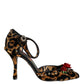 Brown Leopard Floral Crystal Ankle Strap Pumps Shoes