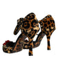 Brown Leopard Floral Crystal Ankle Strap Pumps Shoes