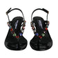 Black Leather Crystal Slingback Sandals Shoes