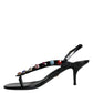 Black Leather Crystal Slingback Sandals Shoes