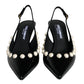 Black Leather Faux Pearl Heel Slingback Shoes