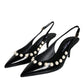 Black Leather Faux Pearl Heel Slingback Shoes