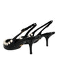 Black Leather Faux Pearl Heel Slingback Shoes