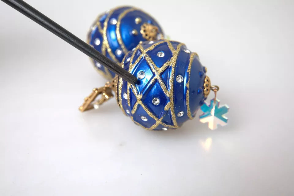 Gold Brass Blue Dangle Christmas Ball Crystal Clip On Earrings