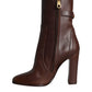 Brown Leather Heels Mid Calf Boots Shoes