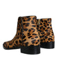 Brown Leopard Calf Fur Ankle Boots Shoes