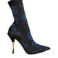 Black Floral Stretch Mid Calf Boots Shoes