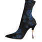 Black Floral Stretch Mid Calf Boots Shoes