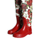 Red Floral Rubber Knee High Flat Boots Shoes