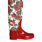 Red Floral Rubber Knee High Flat Boots Shoes