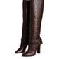 Brown Leather Gold Tone Logo High Boots Shoes