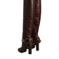 Brown Leather Gold Tone Logo High Boots Shoes