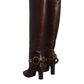 Brown Leather Gold Tone Logo High Boots Shoes