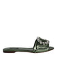 Metallic Green Crystal Leather Flats Sandals Shoes