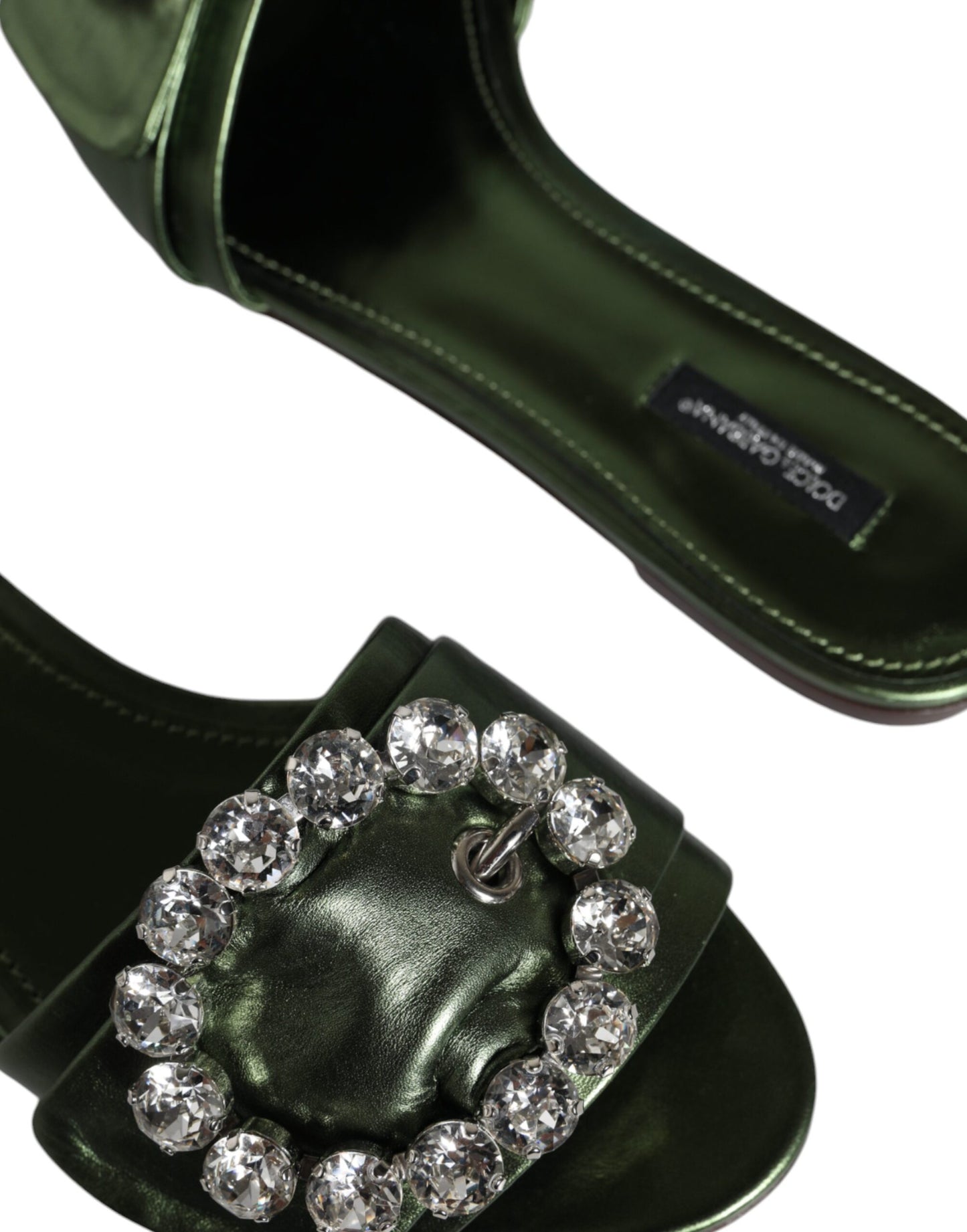 Metallic Green Crystal Leather Flats Sandals Shoes