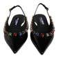 Black Leather Crystal Flats Slingback Shoes