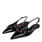 Black Leather Crystal Flats Slingback Shoes