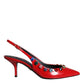 Red Leather Crystal Heels Slingback Shoes