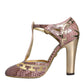 Pink Gold Leather Pumps T-strap Sandals Shoes