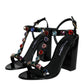 Black Crystal Leather T-strap Sandals Shoes