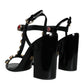 Black Crystal Leather T-strap Sandals Shoes