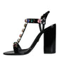 Black Crystal Leather T-strap Sandals Shoes